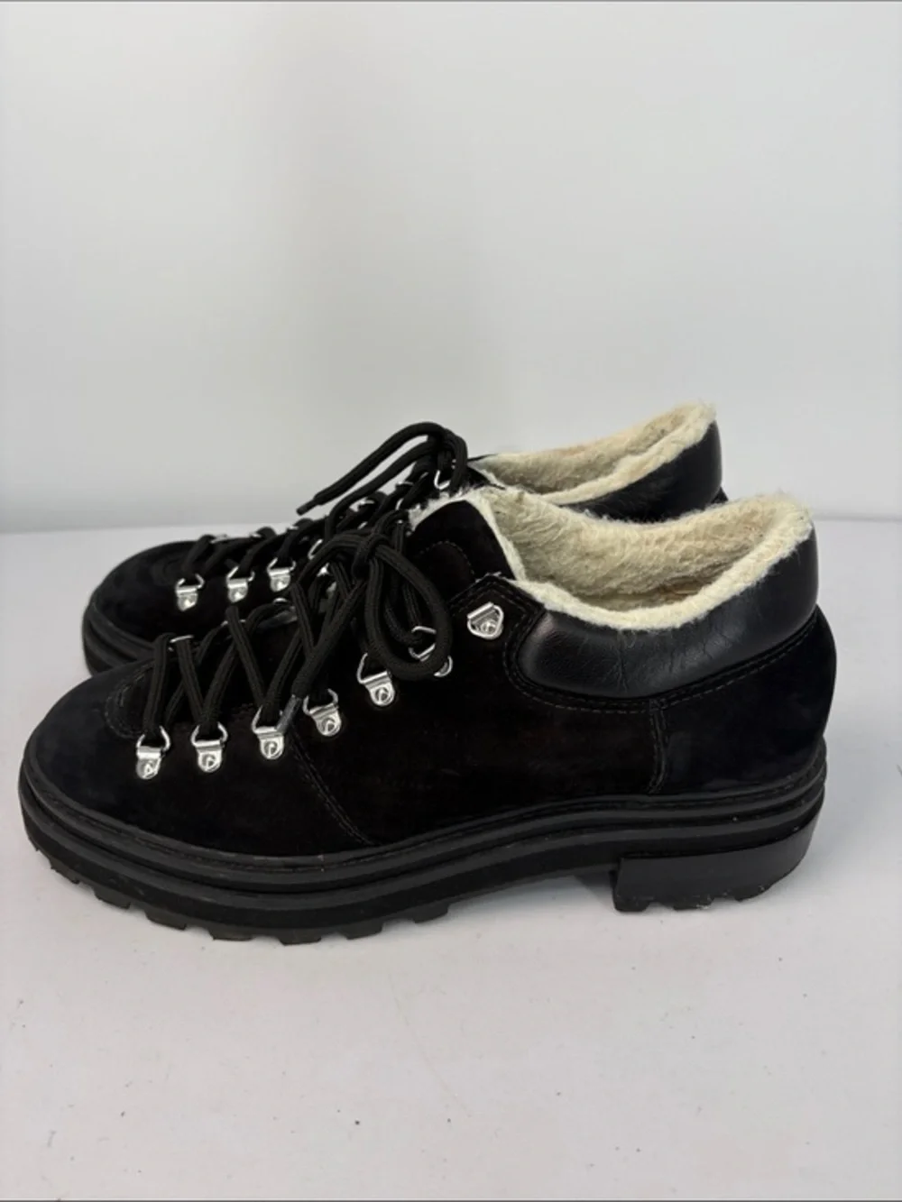 🪃 Schutz Black Suede Lace-Up Faux Shearling Lined Hikers Lucille